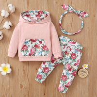 Cotton Floral Print Hooded Long Sleeve Sweater Pants Three Piece Set