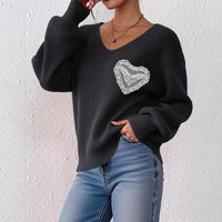 Women's V-neck Lace Brick Bow Patchwork Pocket Pullover Top
