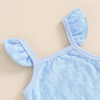 Girls' Solid Color Chessboard Plaid Style Lace Sling Romper Casual Shorts Suit
