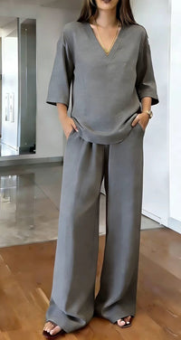 Women's V-neck Short-Sleeve Top And Wide-Leg Pants Casual Set