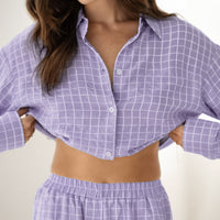 Purple Plaid Loose Cozy Soft Long-Sleeve Pajama Set With Pants