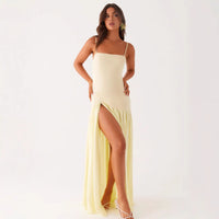 Solid-color Sleeveless Spliced Slip Dress With Slits And A Fitted Waist