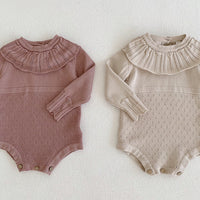 Spring And Autumn Infant And Toddler Knitted Bodysuit Lotus Collar Girl Baby Thin Woolen Long Sleeve Triangle Romper Creeper