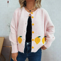 Lemon Jacquard Contrast Color Button Casual Loose Round Neck Sweater