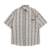 Vertical Stripes Small Floral Loose Short Sleeve Shirt