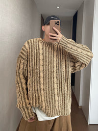 Mens AutumnWinter Retro All-Match Loose Khaki Green Cabled Double-Face Crew-Neck Distressed Thick Sweater