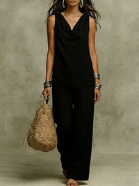 Womens Slash-Neck Sleeveless Tank Top And Casual Pants Set