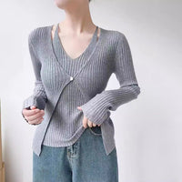 Women's Fake Two-piece Sunken Stripe Long-sleeved Sweater
