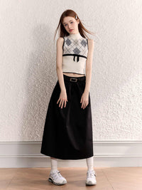 Diamond Plaid Half Collar Top Sleeveless Knitted Vest