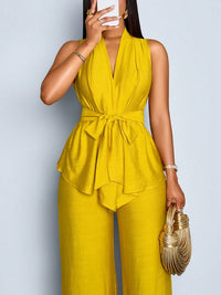 Elegant Solid-color Sleeveless Top With Tie Details And Wide-leg Pants Two-piece Set