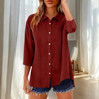 Women's Casual Top Three-Quarter Sleeve Lapel Collar Loose-Fit Button-Up Shirt
