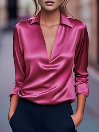 Solid Color Simple V-neck Shirt Long Sleeve Shirt