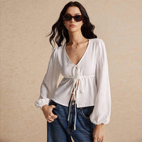 Women's Simple And Elegant Style T-shirt Autumn And Winter Tie Fashion Versatile Long-sleeve Cardigan Top
