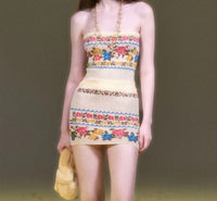 Contrast-color Rose Fair Isle Knit Cardigan Figure-hugging Floral Tube Dress