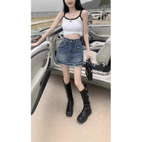 Retro Raw-Edge Denim A-Line Skirt