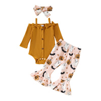 Women's Off-shoulder Romper Printed Flared Pants Three-piece Set