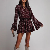 Fashionable And Sweet Polka-Dot V-Neck Long-Sleeve Womens Dress