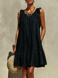 New Stylish Casual Loose Round-Neck Sleeveless Ruffle-Trim Dress