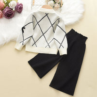 Girls' Bowknot Sweater Cardigan Wool Knitted Wide-leg Pants Two-piece Set