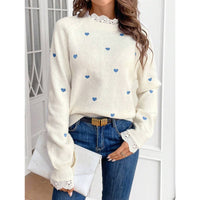 Womens Heart-Shaped Embroidered Patchwork Knit Base Layer Top