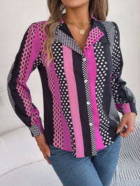 Women's Office Elegant Color Block Polka Dot Notched Lapel Long Sleeve Shirt