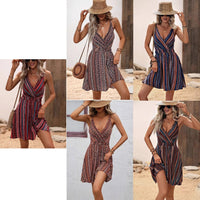 Striped Wrap Style V Neck Slip Dress With Thin Shoulder Straps And Elastic Back Straps