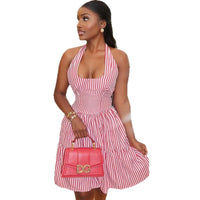 Fashionable And Simple Womens Solid-Color Printed Striped Dress