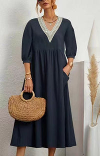 Solid-color Lantern-sleeve Loose Lace Dress