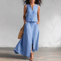 A Simple And Elegant Two-piece Set Featuring A V-neck Top And A Skirt