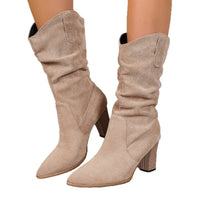 Suede Pointed-toe Fashion Boots With Pleated Mid-calf Design And Chunky Heel
