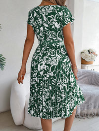 Women's Elegant Floral Print Short Sleeve Flowy Pleated Dress
