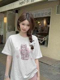 Cat Printing Short-sleeved T-shirt For Women Round Neck Loose Top