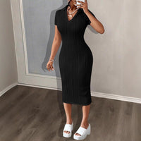 Spring Summer V-Neck Casual Fashion Pleated Short-Sleeve Womens Shirt Dress