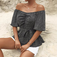 Womens Stylish Waist-cinching Off-shoulder Short-sleeve Top