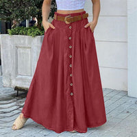 Fall Women's Long Dress Button High Waist Pure Color Pocket Casual