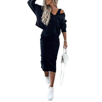 Womens Solid Color V-Neck Long-Sleeve Top And Casual Dress Two-Piece Set