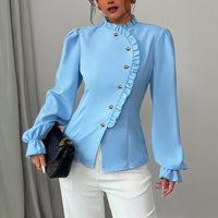 Women's Elegant French Asymmetrical Button-down Collar Ruffle Long Sleeve Blouse