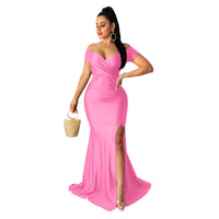 Nightclub V-neck Formal Dress In Solid Color With A High Slit And Short Sleeves