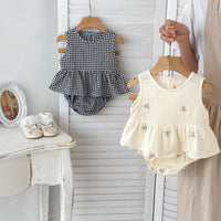 Baby Girl Embroidered Plaid Sleeveless Top Bread Shorts