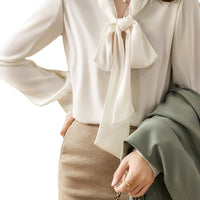 Womens Solid-Color Casual Loose Shirt With Ribbons