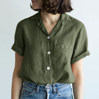 Women's Solid-Colored Cotton-Linen Pocketed Shirt