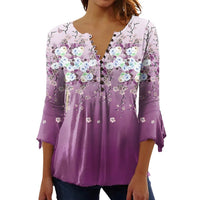 Women's Floral Printed 34 Sleeves V-neck Buttons Shirt