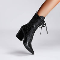 Retro Pointed Stone Pattern Chunky Heel Simple Lace High Heels Fashion Boots