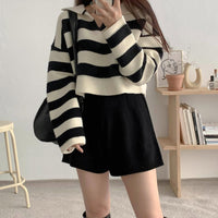 Lapel Loose Multicolor Women's Short Sweater