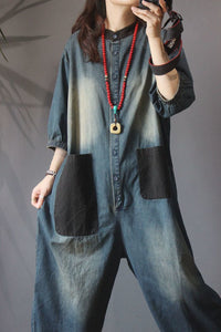 Retro Personality Plus Size Patch Large Pocket Jumpsuit