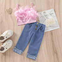 New Girls' Solid Color Sling Top Denim Trousers Suit