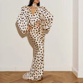 Fashionable Retro Polka-Dot V-Neck Puff-Sleeve Waist-Cinching Long Dress Set