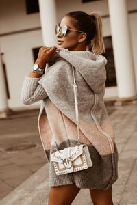Color Matching Hooded Knit Cardigan Coat Women's Long Sleeve