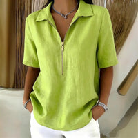 Solid-color Lapel-zip Mid-sleeve Womens Blouse