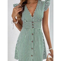 Women's Elegant Striped V-Neck Dress With Puff Sleeves